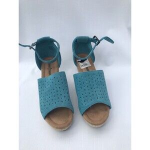 Minnetonka Teal Suede Wedge Sandals Size 9 Ankle Strap Peep Toe